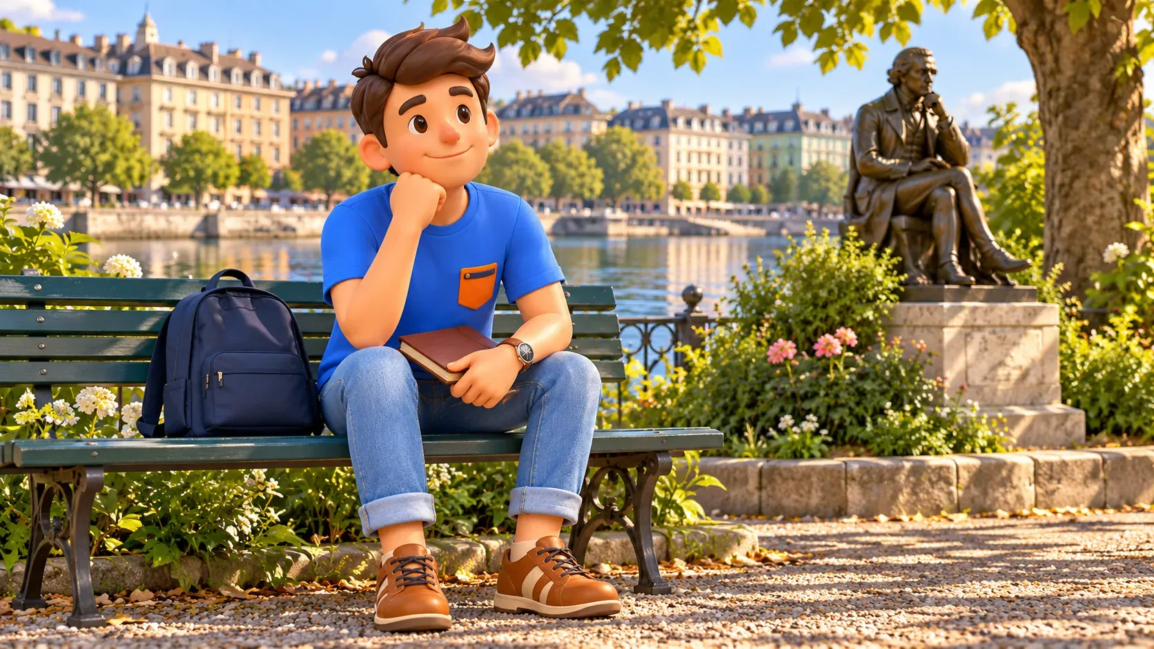 El personaje descansa en un banco de un pequeño jardín junto al agua