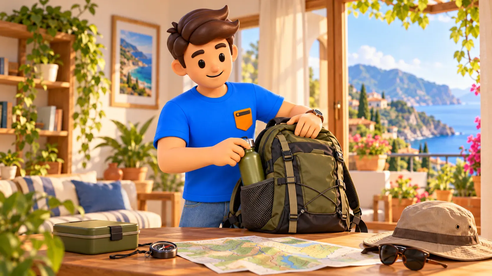Voyageur illustré rangeant de l’eau dans son sac devant une table imaginaire avec carte, boussole et repas de marche