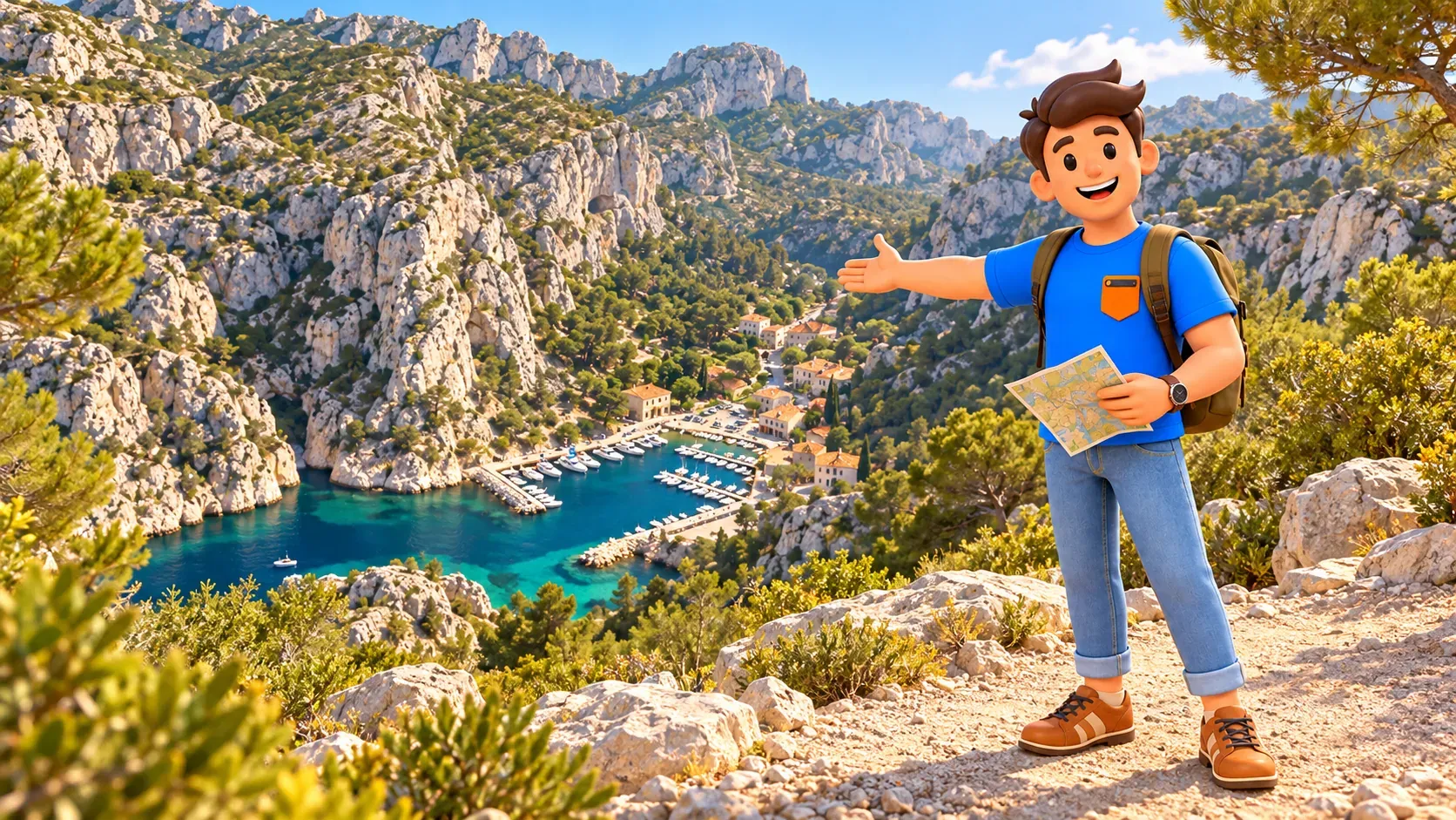 Voyageur illustré avec carte présentant le port de Morgiou recréé d’après une photo depuis le secteur du belvédère de Sugiton