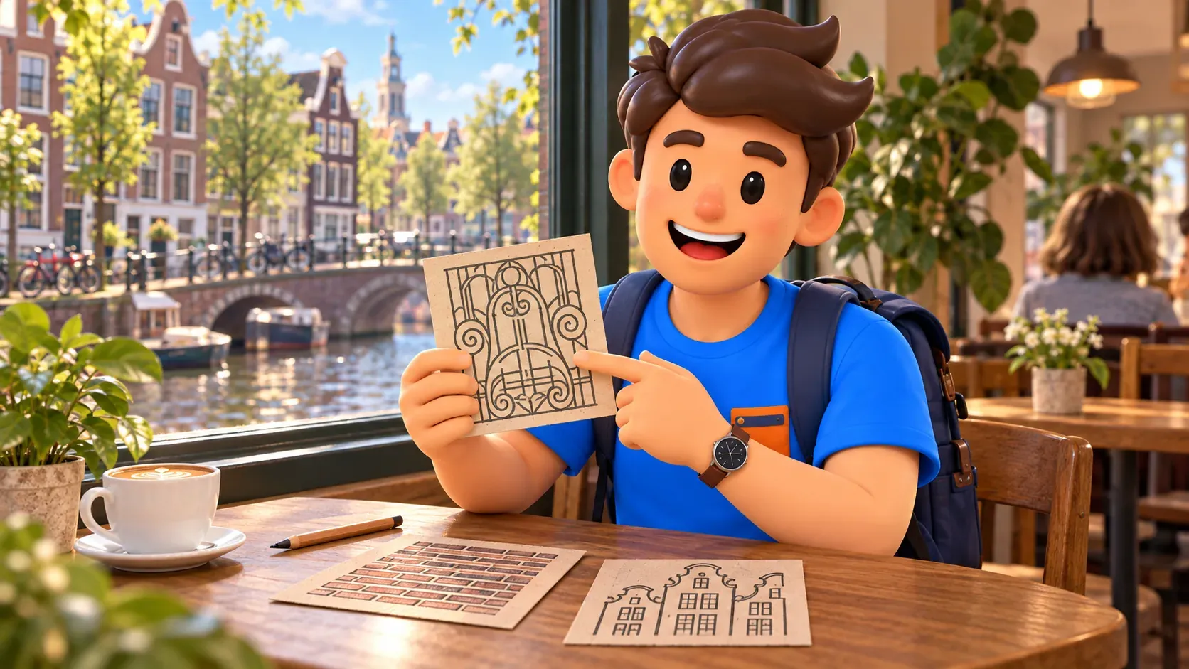 Illustration thématique d’un voyageur étudiant des motifs dans un café imaginaire au bord d’un canal