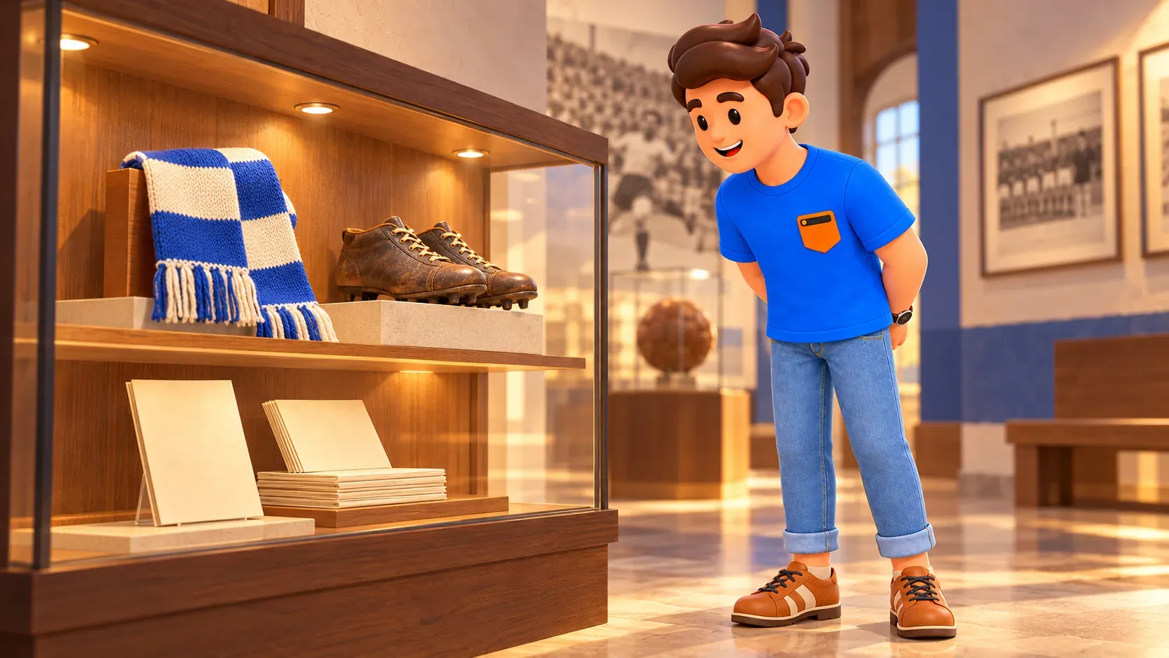Illustration eines Reisenden an einer beispielhaften Vereinsvitrine mit Schuhen, Schal und Programmen