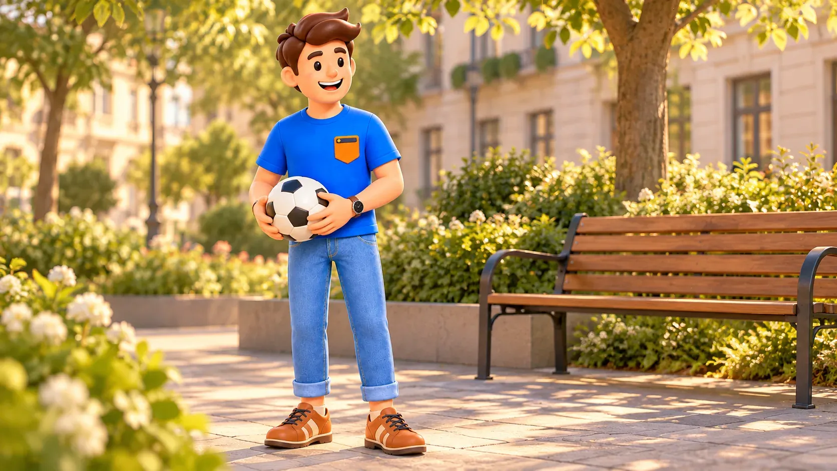 Illustration eines Reisenden mit Fußball auf einem beispielhaften Parkweg