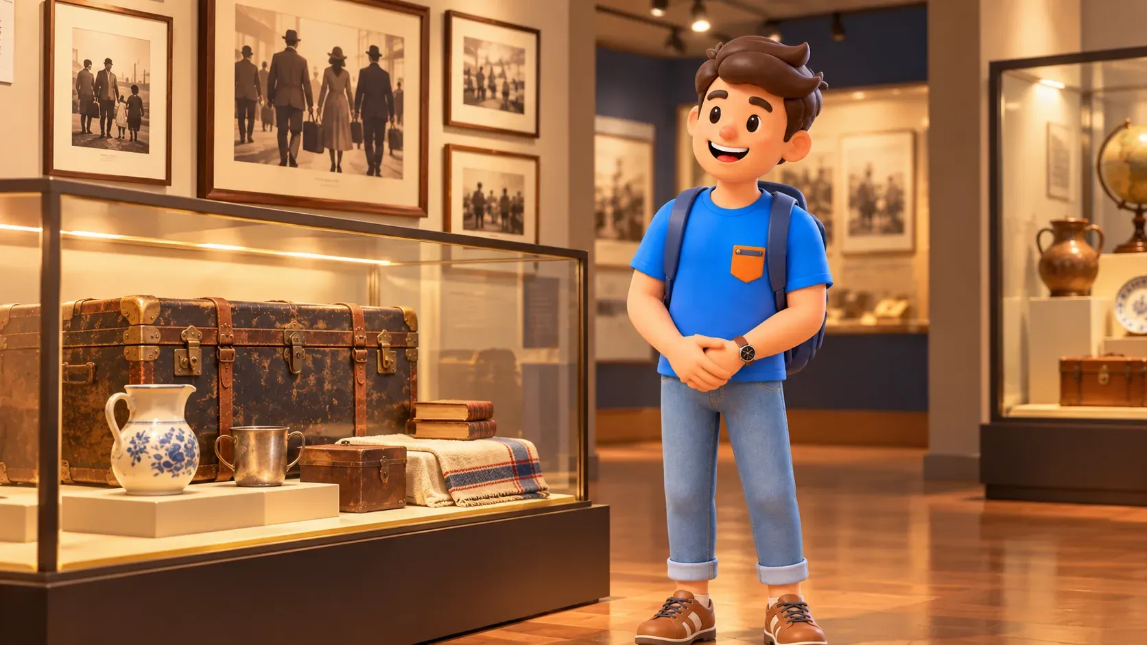 Reisender vor einer Museumsvitrine mit Reisekoffer, künstlerische Szene