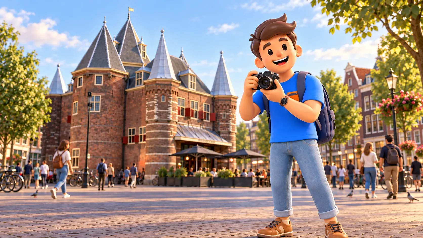 Illustration d’un voyageur avec appareil photo sur la place devant De Waag