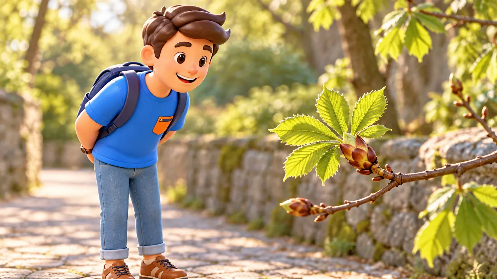 The character observing young leaves without touching the branch