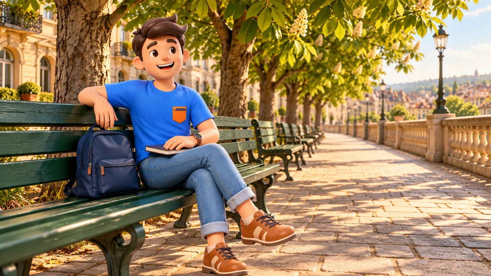 A traveller resting on a long wooden bench beneath trees