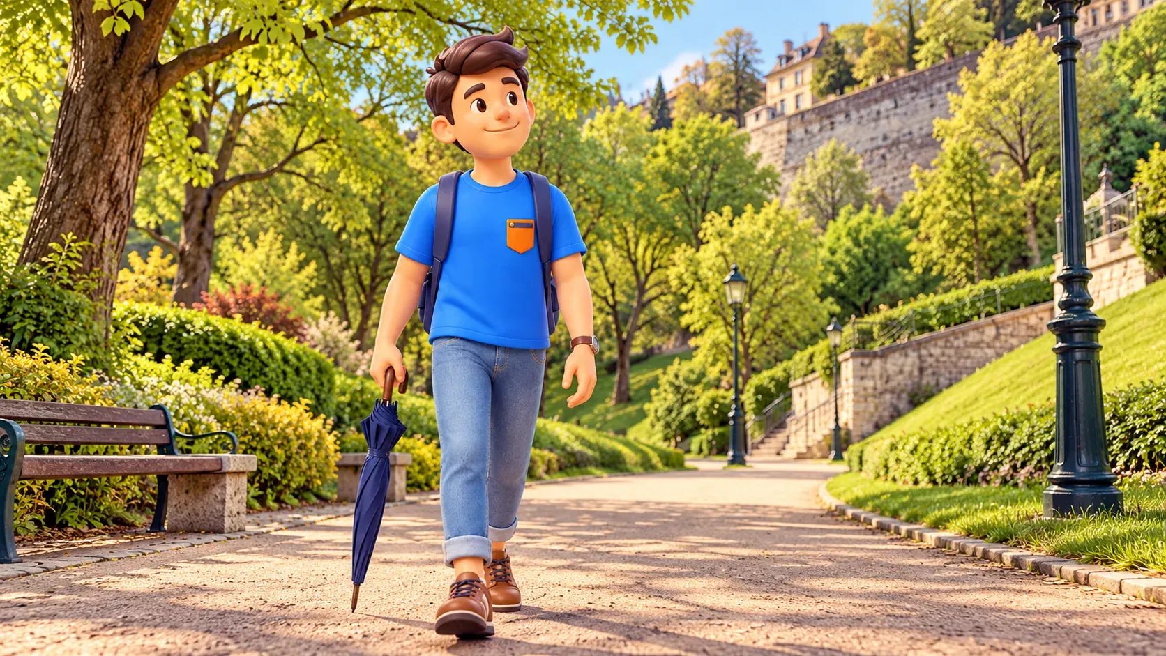 The character walking along a park path with a closed umbrella
