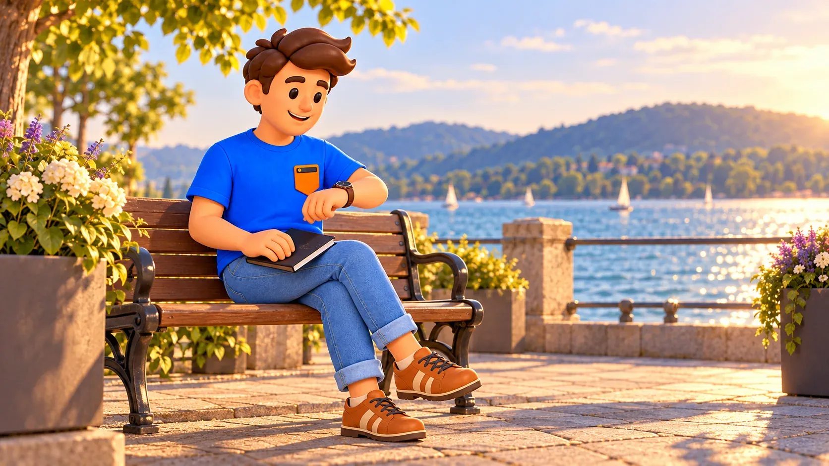 Illustration d’un voyageur regardant sa montre sur un banc au bord d’un lac imaginaire
