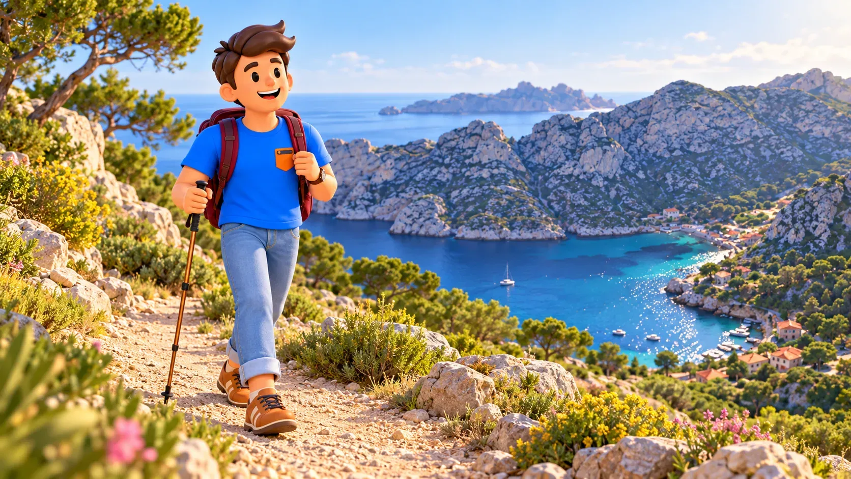 Illustrated traveller with a walking pole and backpack ascending a fictional path before the photo-inspired Sormiou bay