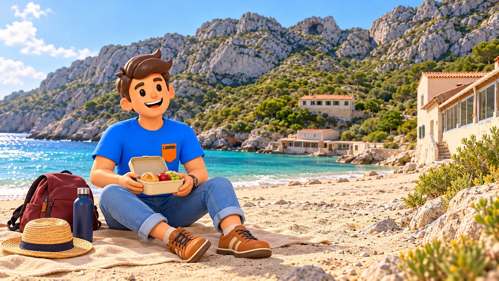 Illustrated traveller with a picnic on his own towel before the photo-inspired Sormiou beach