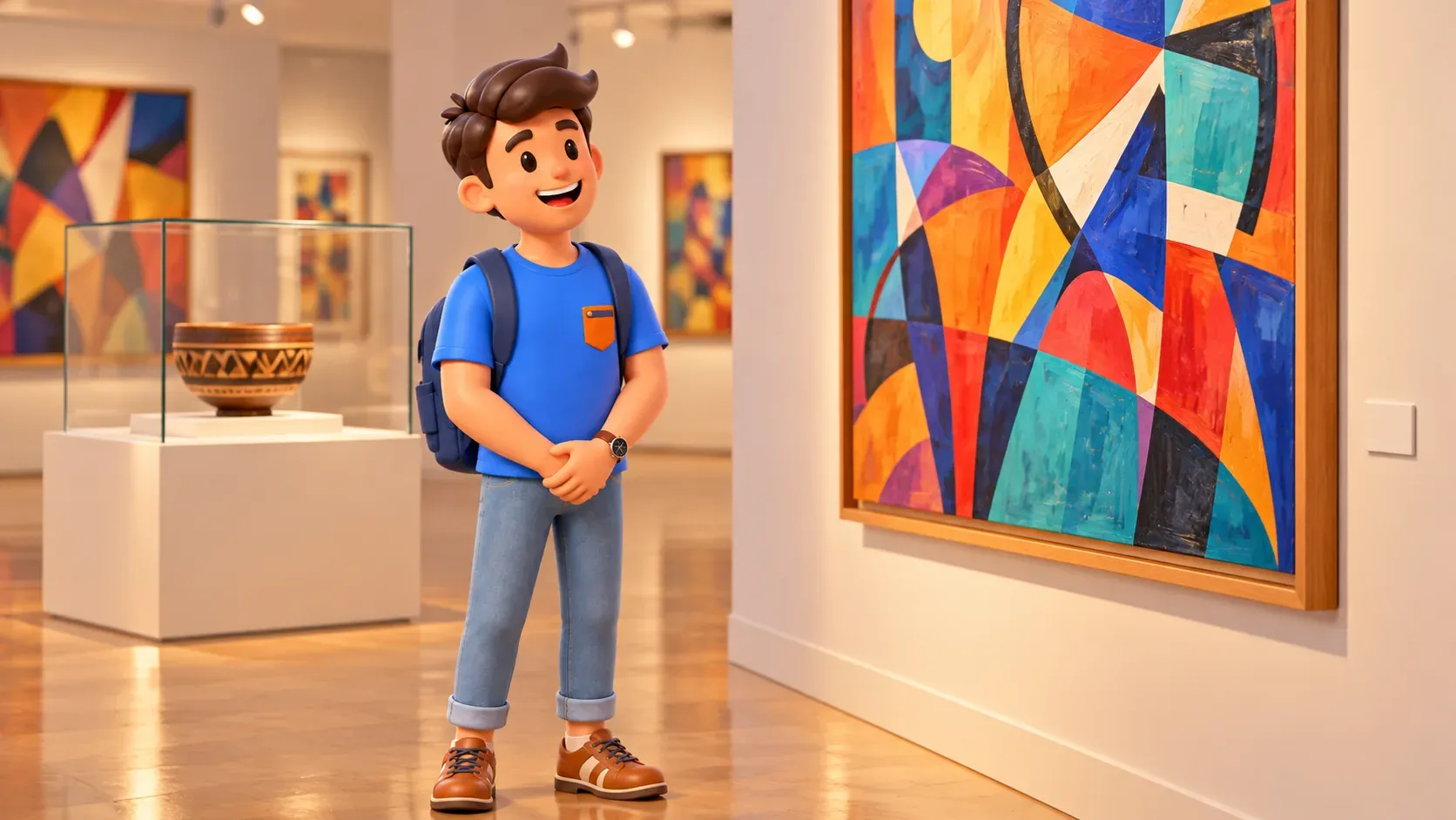 Viajero observando arte abstracto en una escena de museo ilustrada
