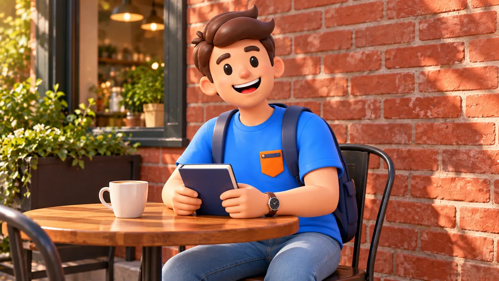 Viajero descansando con un cuaderno en una mesa de café junto a una pared de ladrillo