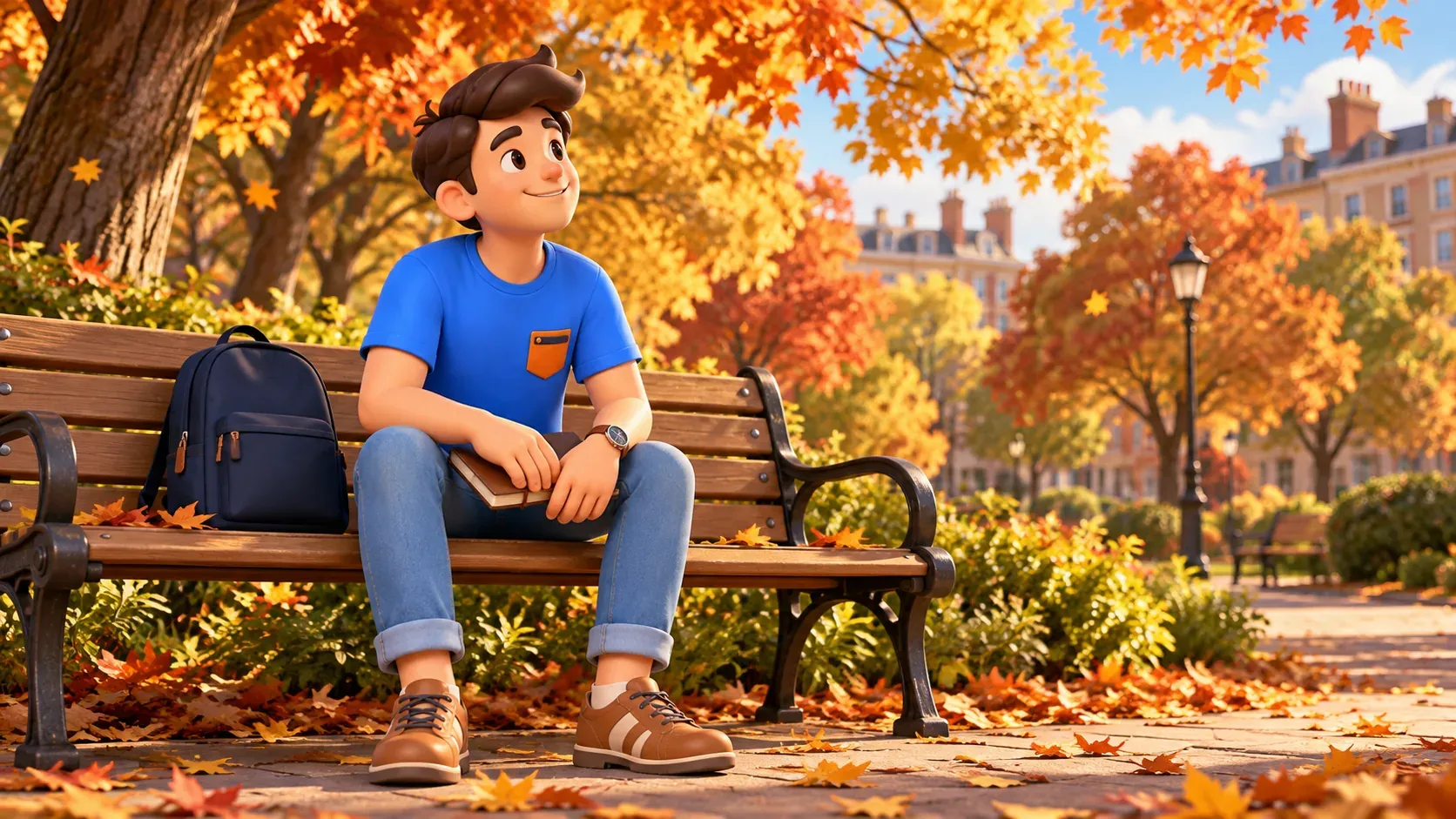 Un voyageur avec un carnet sur un banc sous les arbres en automne