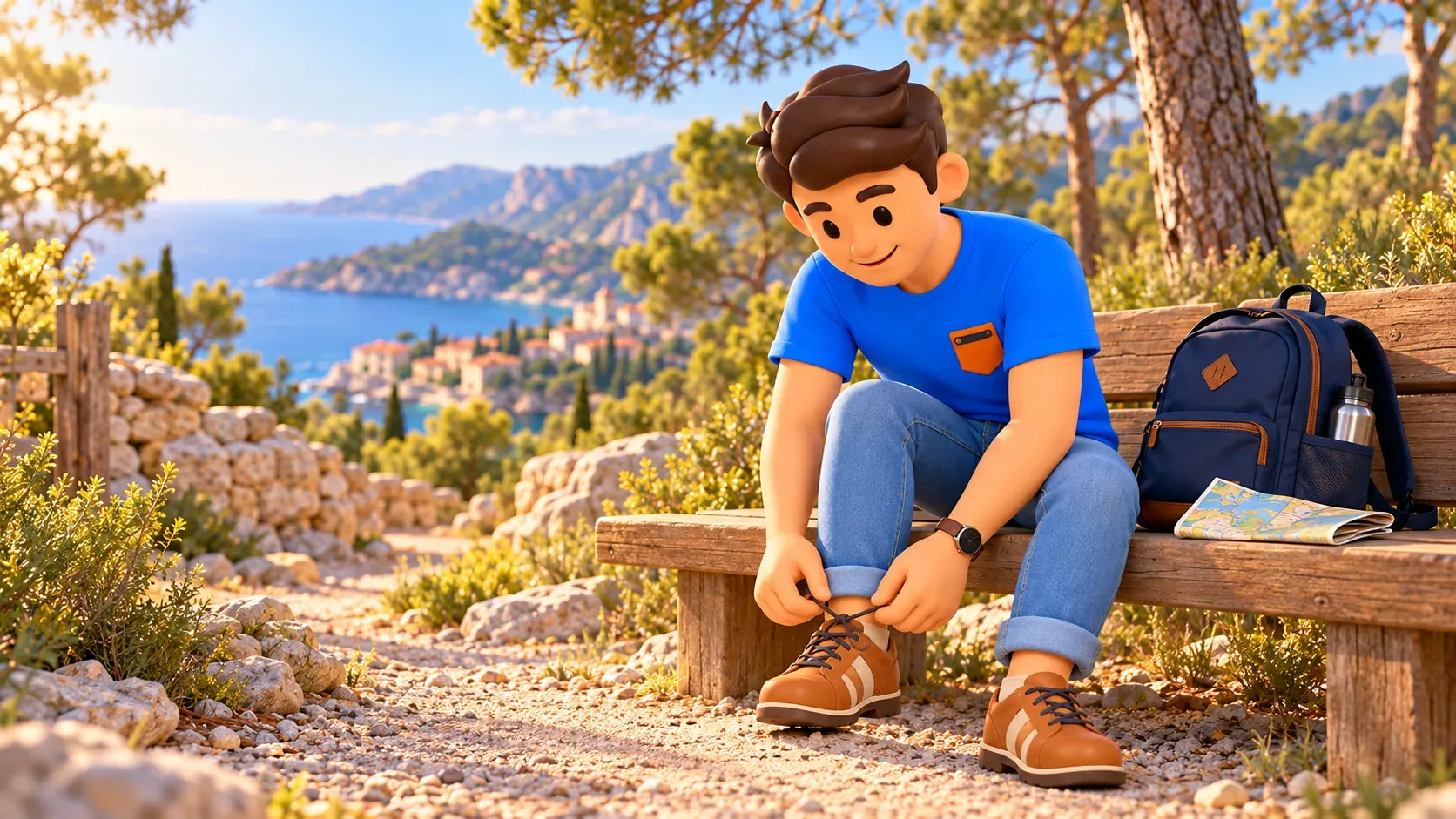Illustrated traveller tying his shoelaces on a fictional bench before a Mediterranean walk