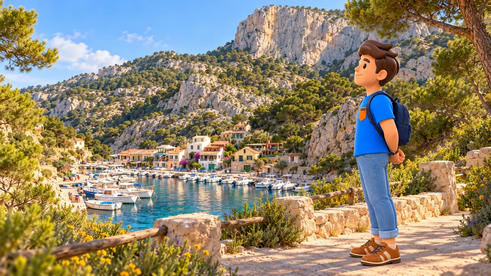 Illustrated traveller with hands behind his back observing the photo-inspired Morgiou harbour from a fictional path