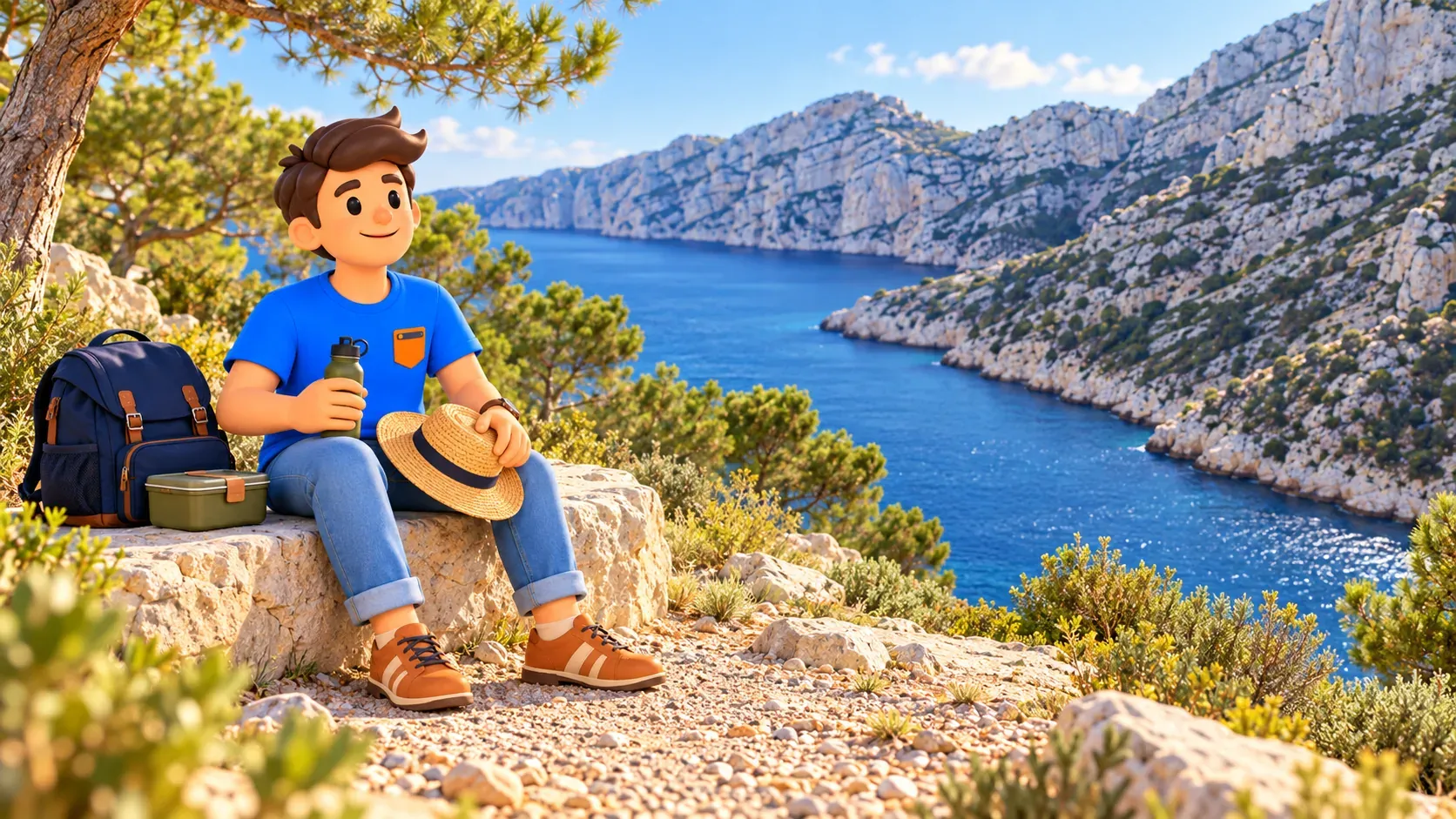 Illustrated traveller with a water bottle and sunhat resting beside a fictional path before the photo-inspired Morgiou inlet
