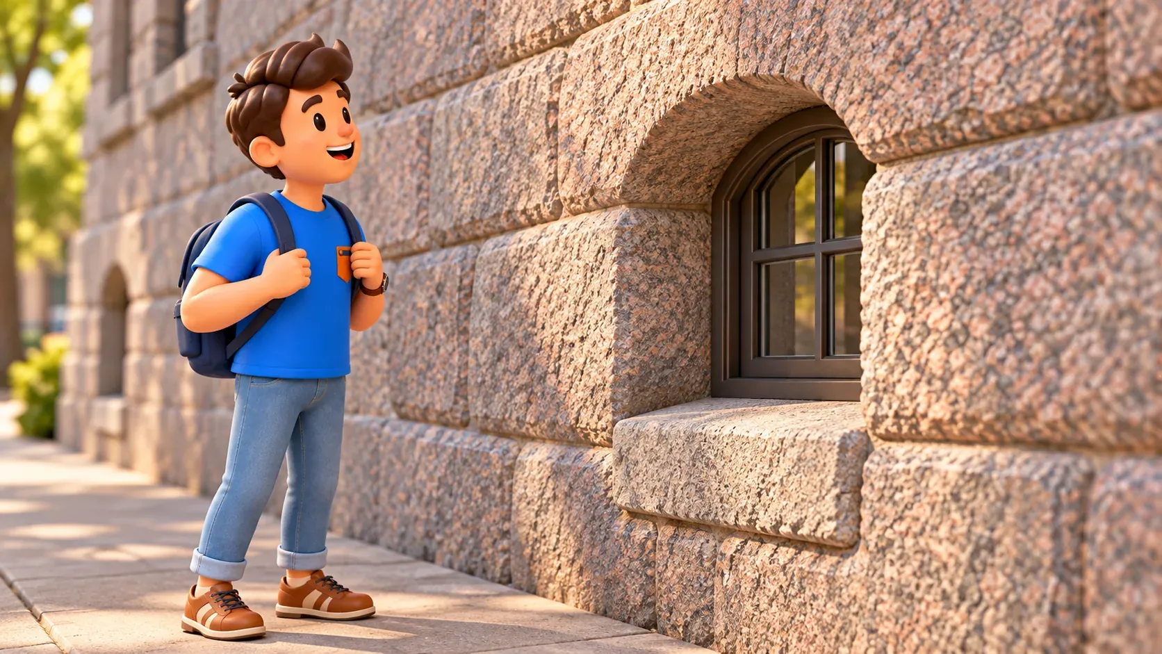 Traveller observing a recessed arched window in a rough stone wall