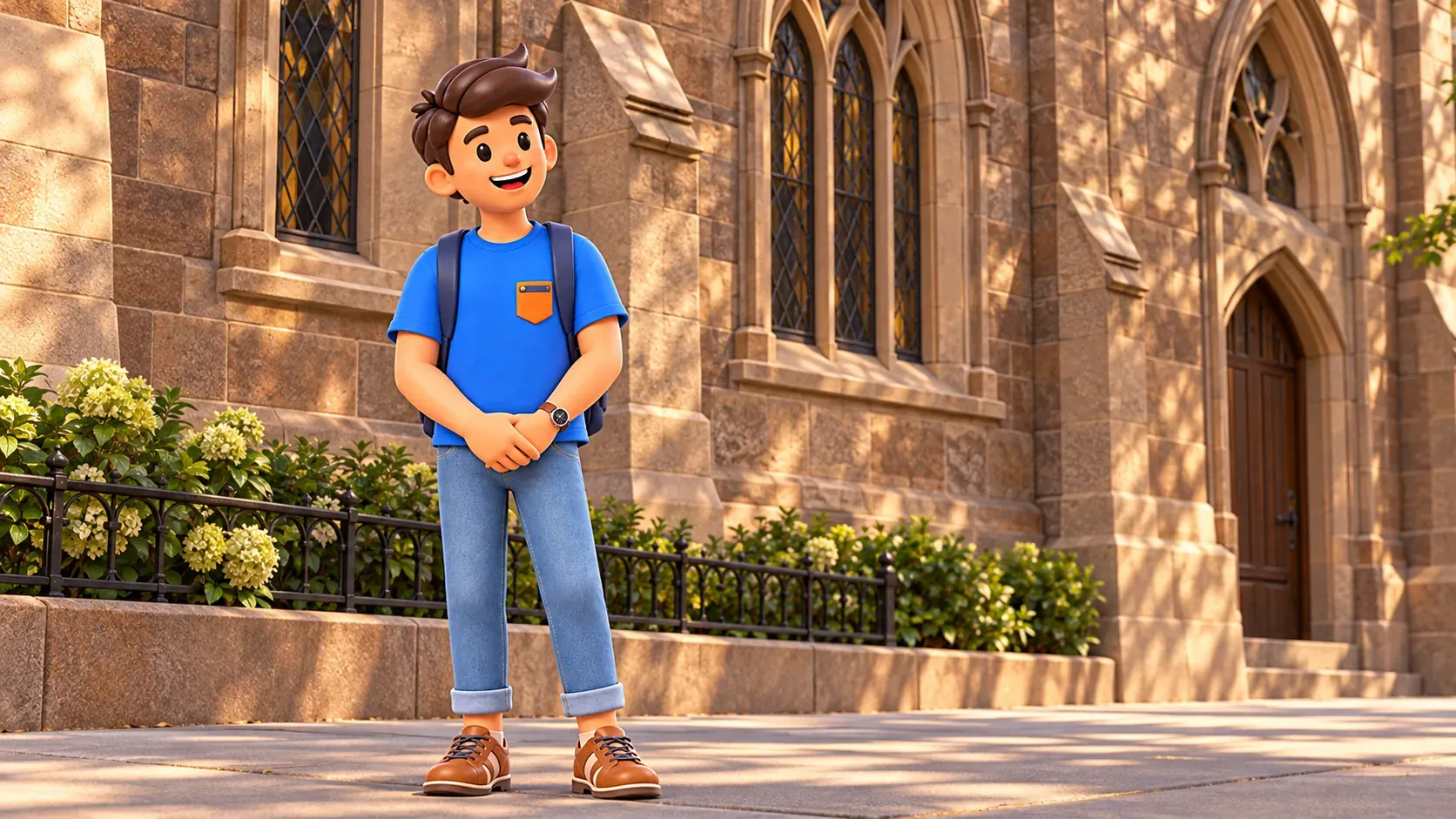Traveller on sidewalk beside an artistic Gothic Revival church facade