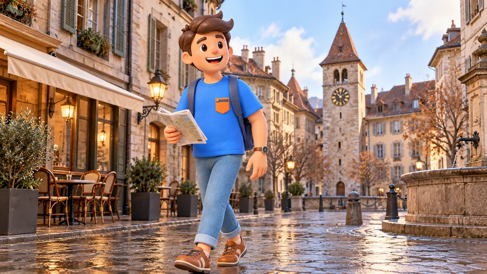 Die Figur mit gefalteter Karte auf einem Stadtplatz mit Turm
