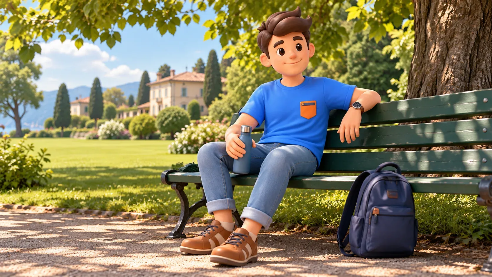 A traveller with a water bottle resting on a shaded bench