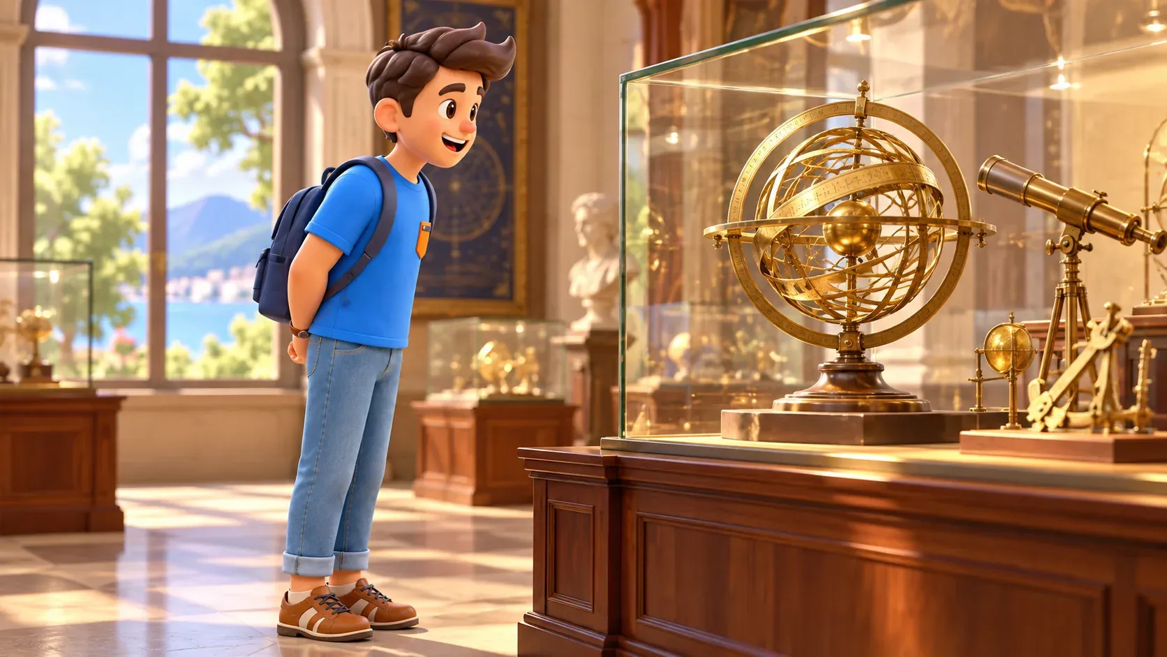 The character viewing a historic-style scientific instrument behind glass