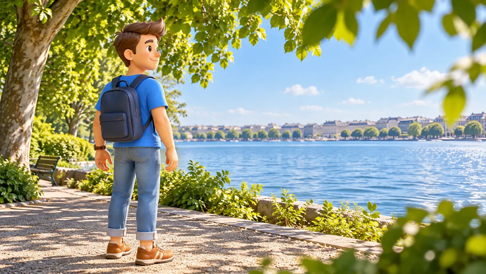 A traveller looking at the lake from a path beneath tree canopies