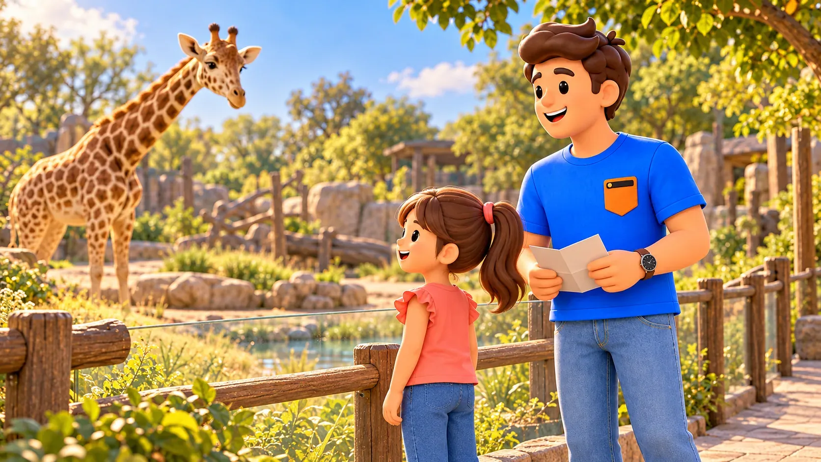 Illustration of a traveller and child observing a giraffe at an imagined zoo