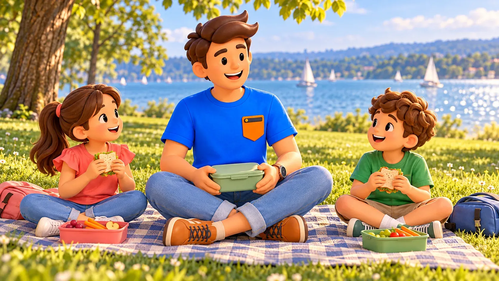 Illustration of a traveller and children having a picnic in an imagined lakeside park