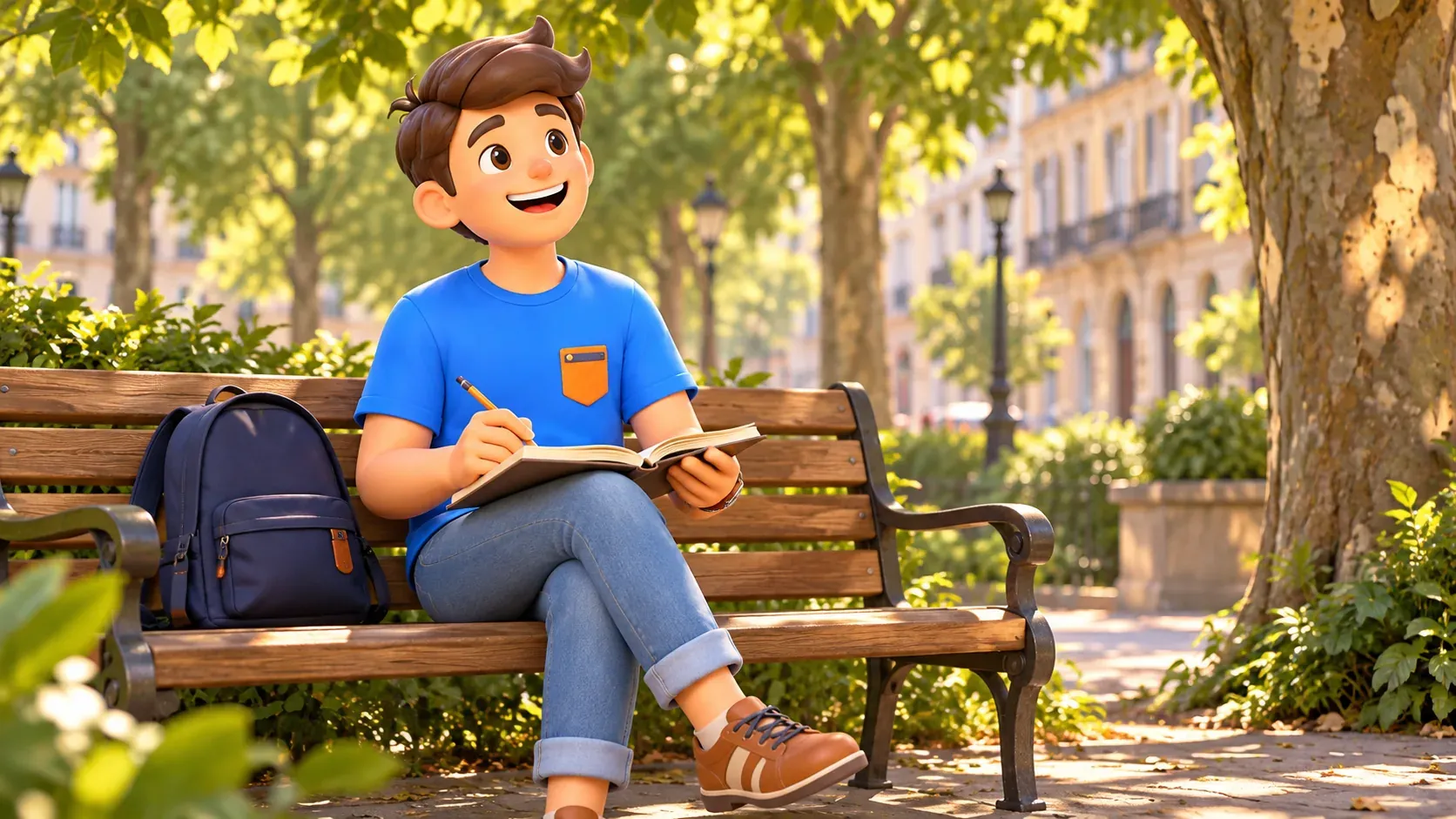 Un viajero con un cuaderno y un lápiz en un banco bajo árboles