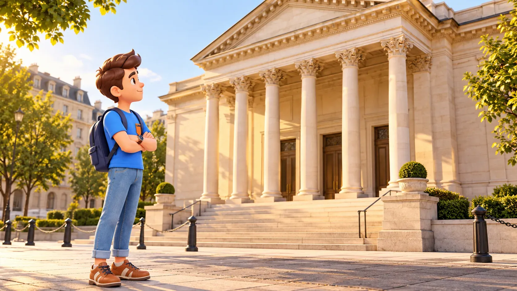 El personaje observa una fachada con columnas desde la acera