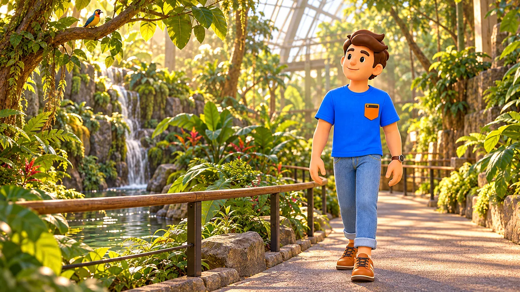 Illustration of a traveller on a path in an imagined tropical pavilion
