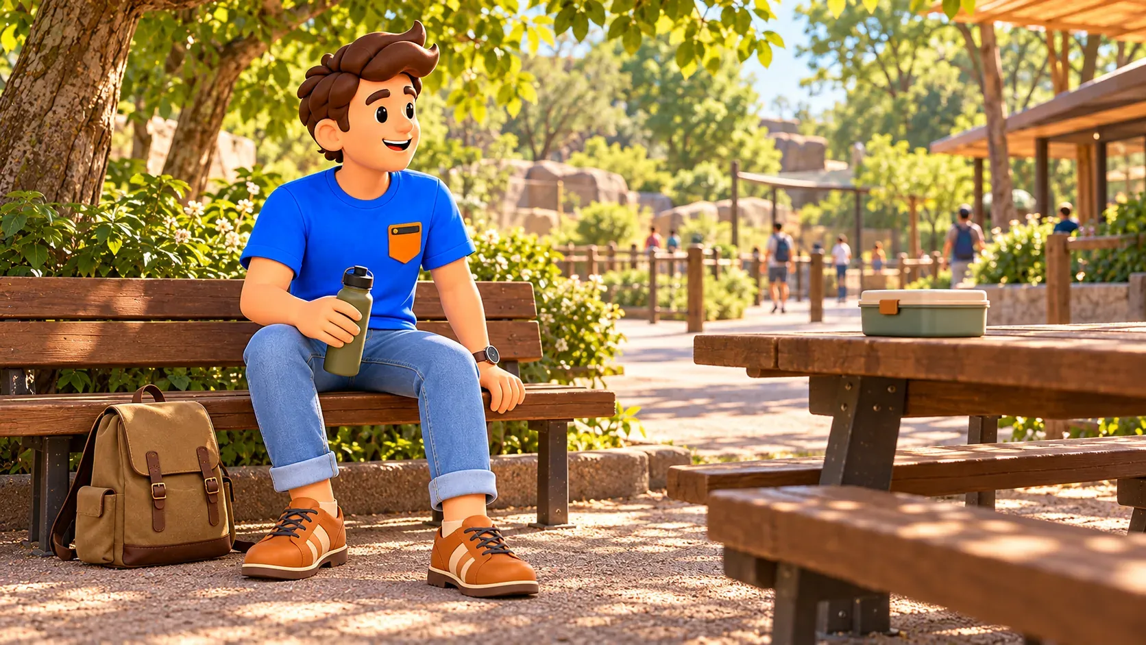 Illustration of a traveller with a water bottle resting at an imagined zoo