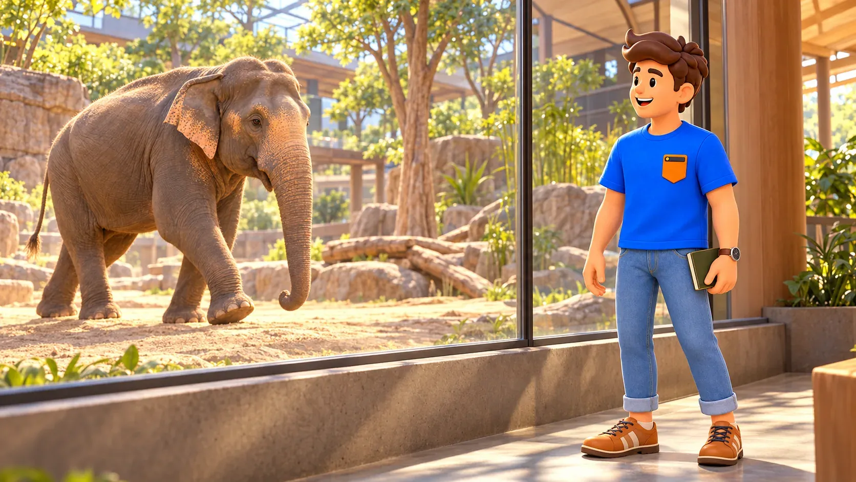 Illustration of a traveller observing an Asian elephant through an imagined habitat window