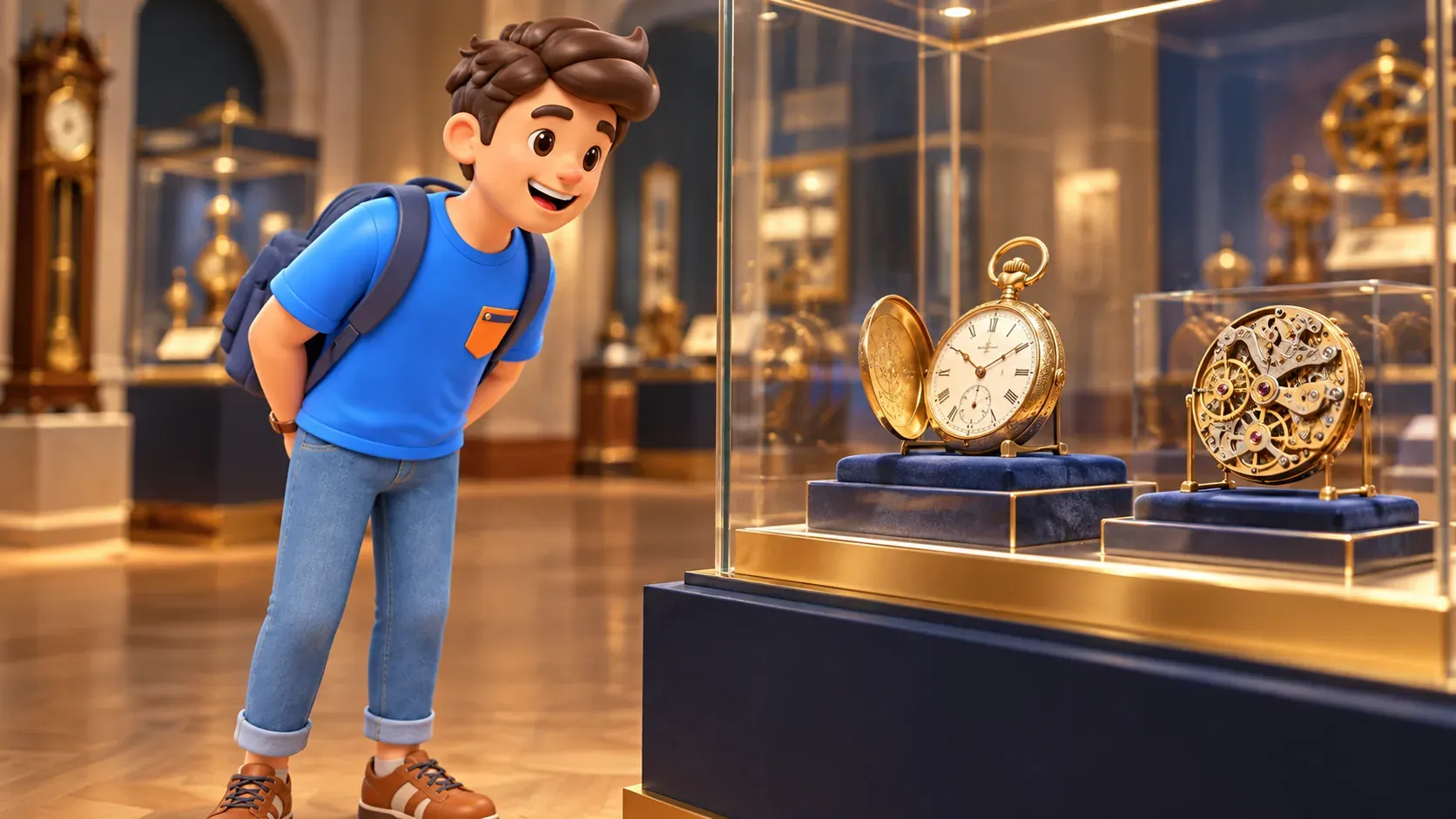 Die Figur betrachtet eine historische Uhr und ein Werk hinter Glas