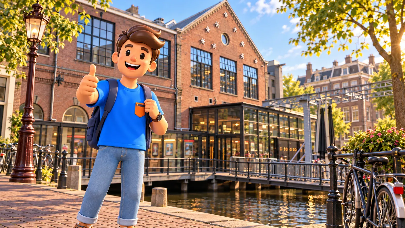 Illustration eines Reisenden vor dem früheren Industriegebäude des Melkweg