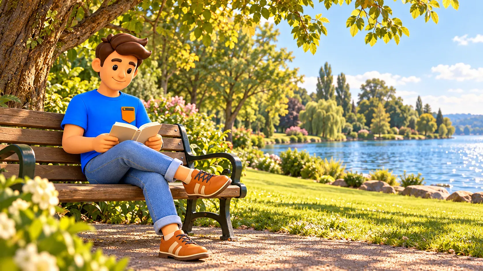 Illustration d’un voyageur lisant sur un banc dans un parc imaginaire au lac