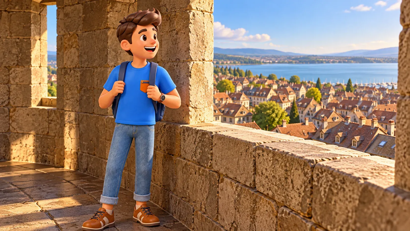 Le personnage regarde les toits et le lac depuis une tour en pierre