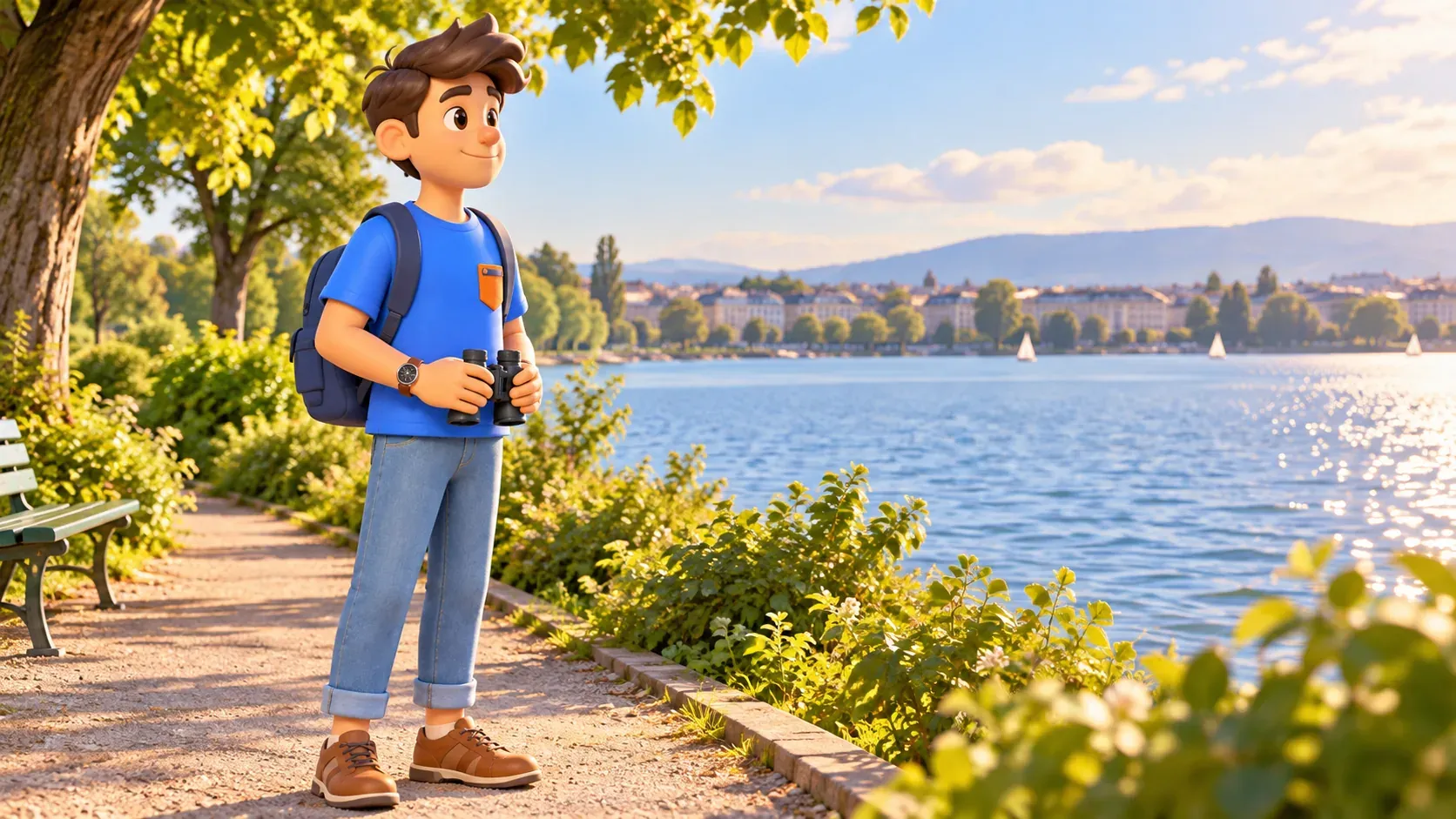 Le personnage avec des jumelles sur une allée au bord du lac