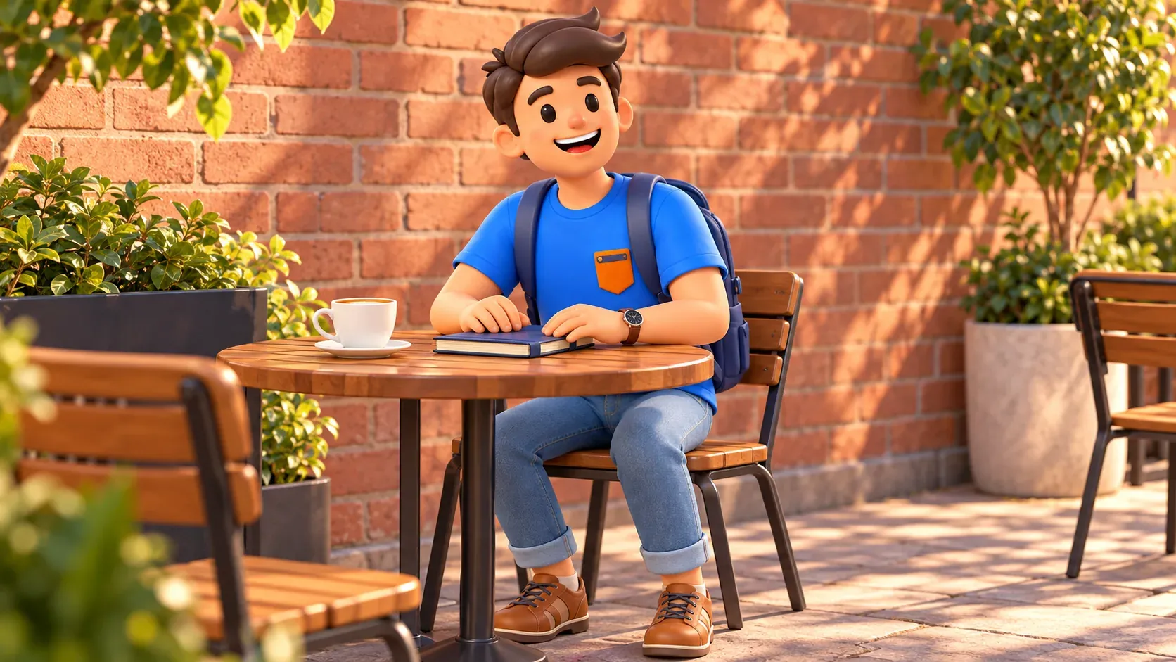Traveller resting with a notebook at a cafe table before a performance