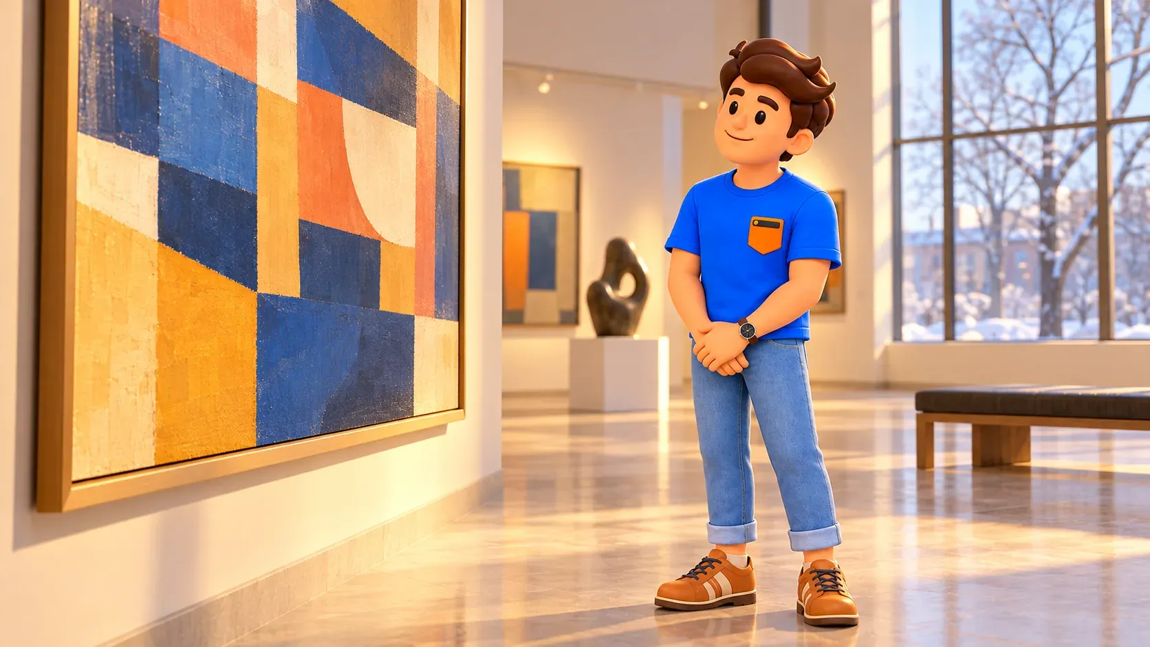 Illustration d’un voyageur devant une peinture abstraite inventée dans un musée