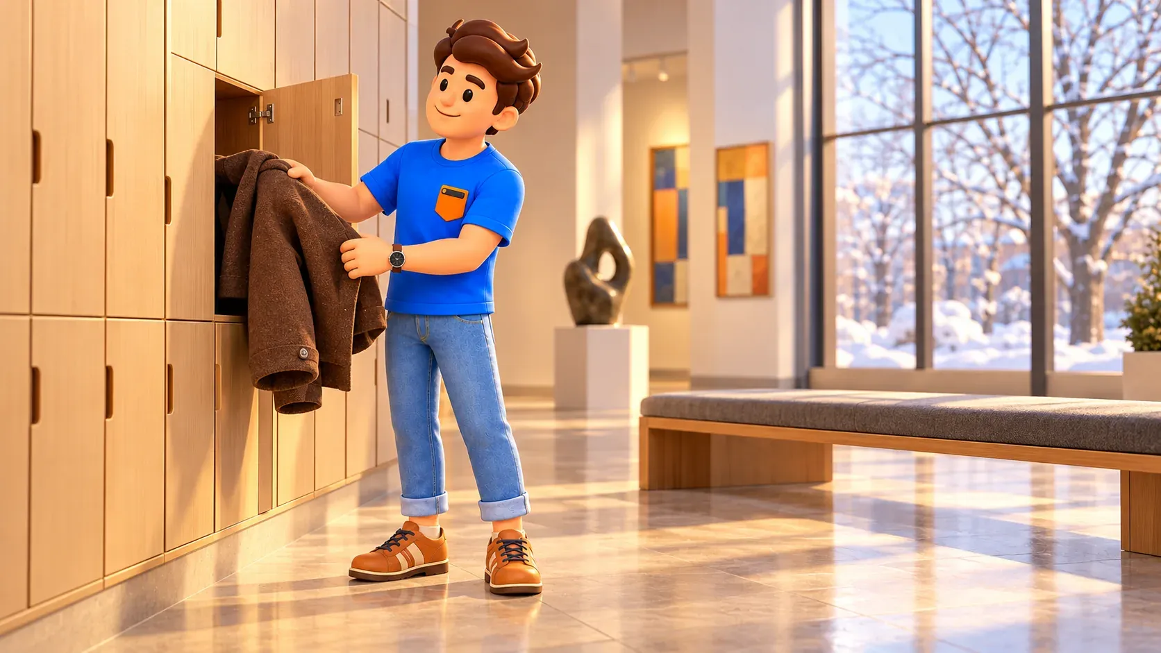 Illustration d’un voyageur reprenant son manteau dans un vestiaire de musée imaginaire