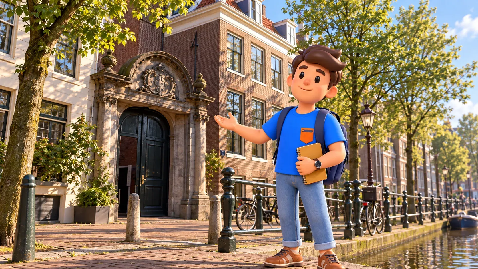 Illustration d’un voyageur devant la porte historique d’Oudemanhuispoort