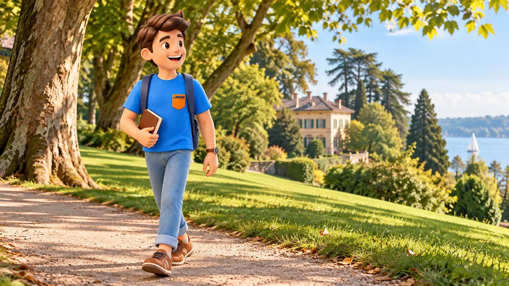 Le personnage marche sur une allée parmi les arbres et les pelouses
