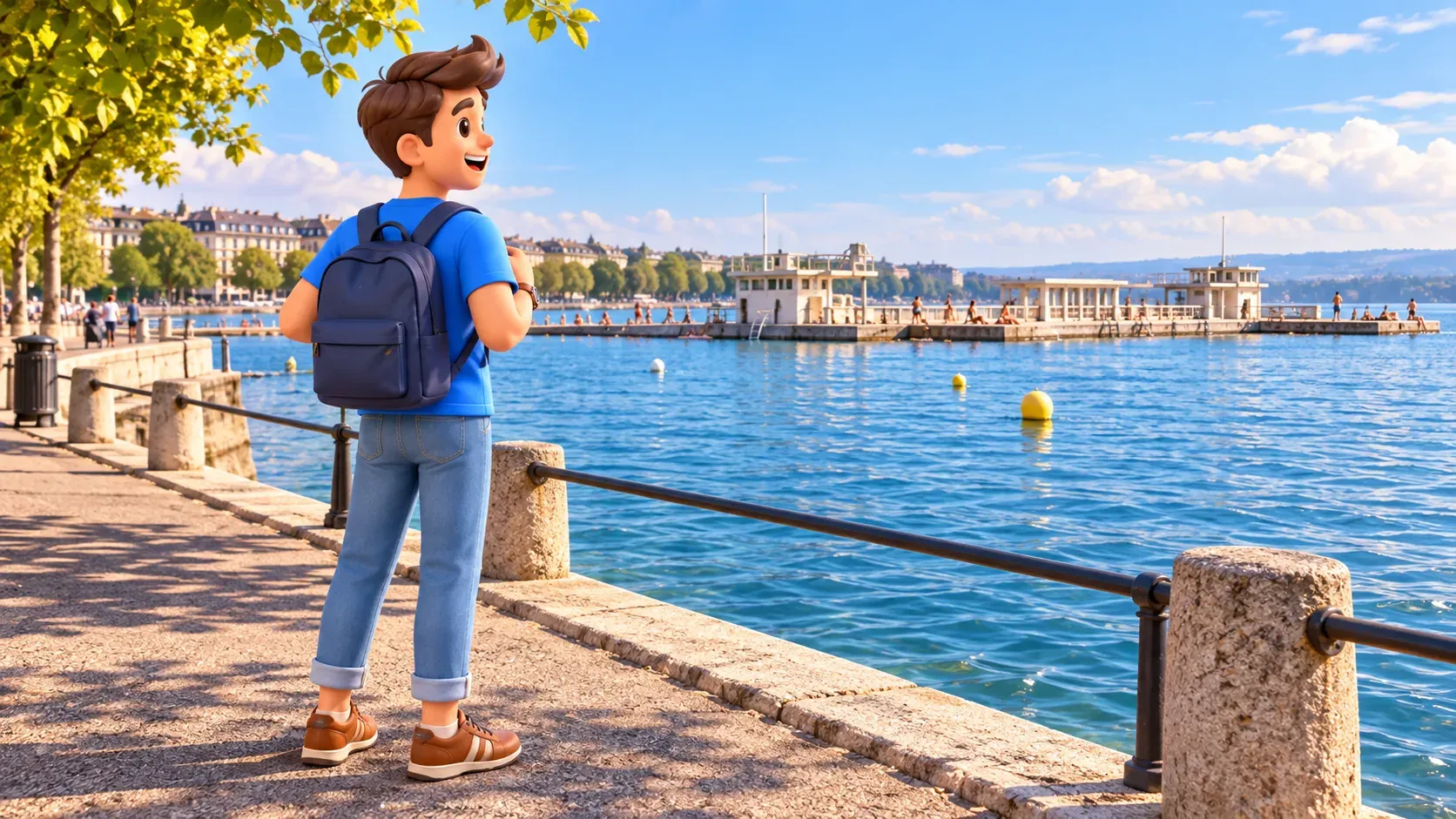 Un voyageur regarde les bâtiments bas d’une jetée depuis le quai