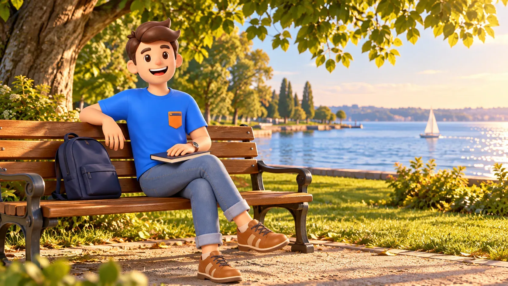 Le personnage avec un carnet se repose sur un banc dans un parc au lac