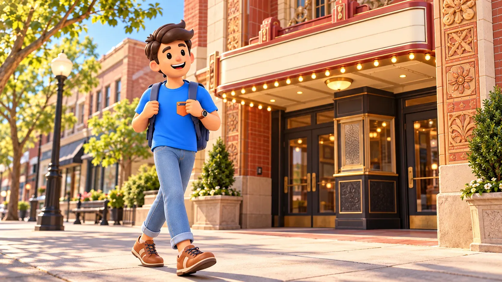 Viajero ante un cine de barrio ilustrado