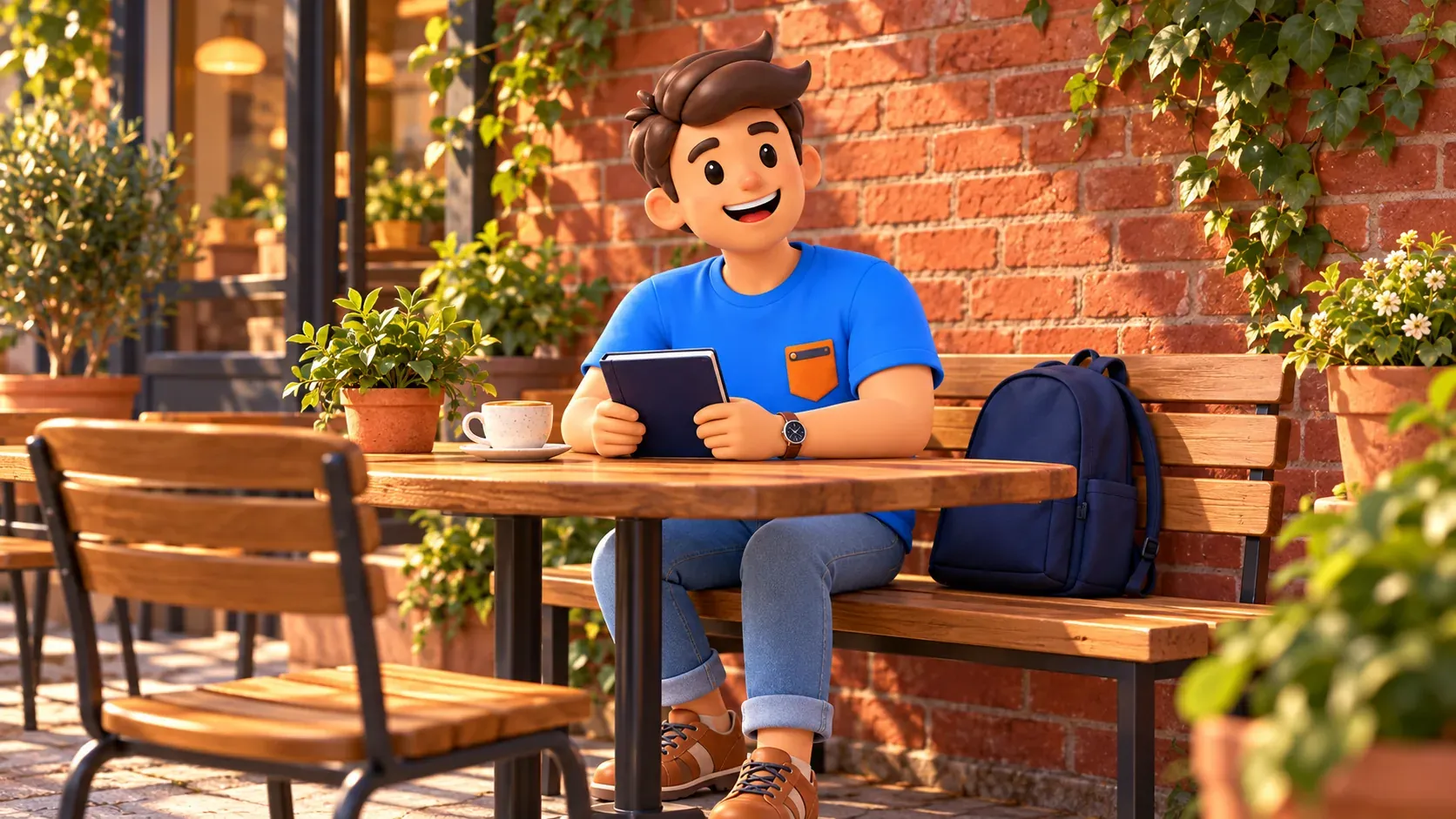 Viajero descansando con un cuaderno en una mesa de café antes del partido