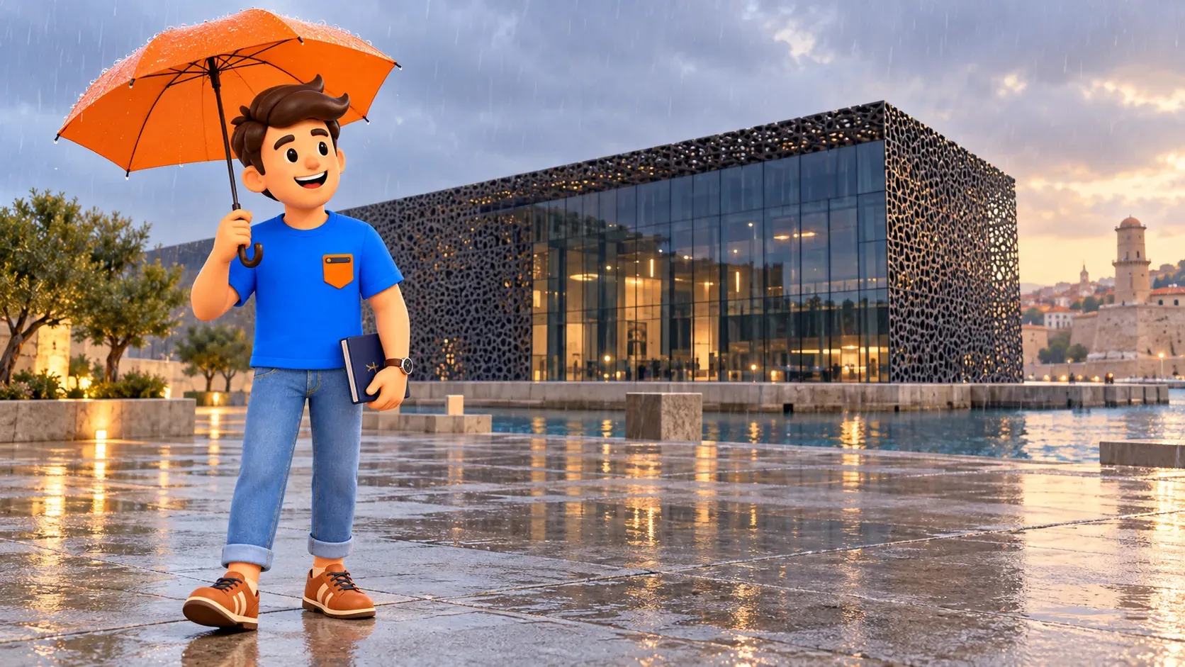 Illustrierter Reisender mit orangem Schirm und geschlossenem Buch auf fiktivem Vordergrund vor dem nach Foto gestalteten Mucem J4