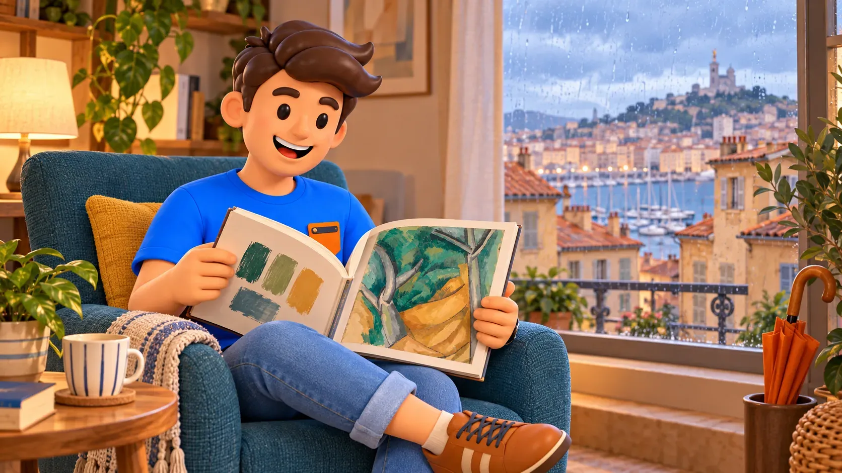 Illustrierter Reisender in einem fiktiven Zimmer liest ein Kunstbuch mit einer Nachgestaltung von Dufys Bäumen in L’Estaque