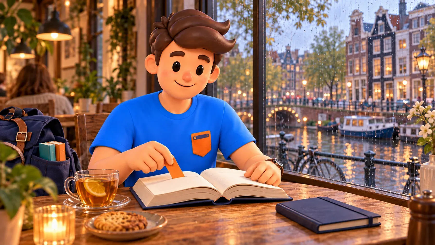 Illustration thématique d’un voyageur lisant avec un marque-page dans un café imaginaire au bord d’un canal